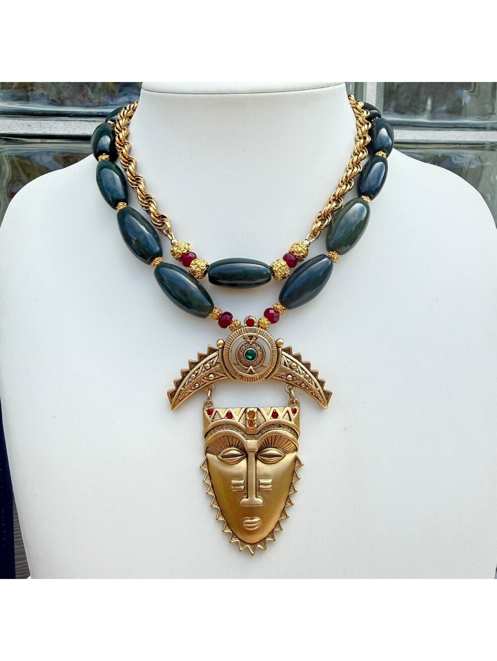 Vintage Avon Tribal Mask Necklace, Handmade Green Bloodstone Necklace.